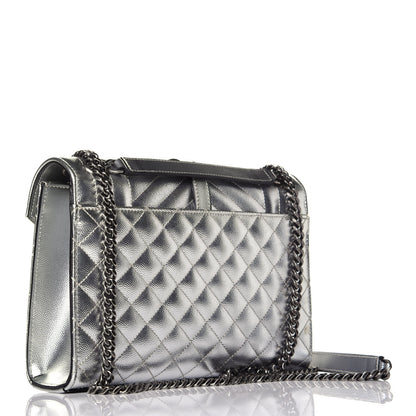 Saint Laurent Metallic Grain De Poudre Textured Mixed Matelasse Triquilt Medium Monogram Satchel Silver 3 of 8