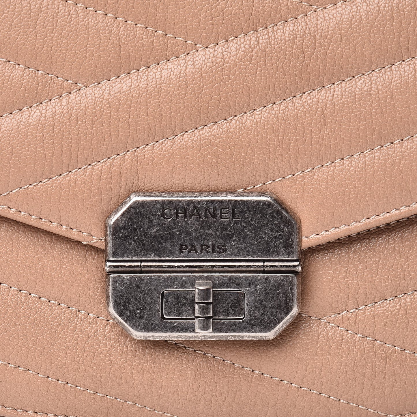 Shiny Goatskin Chevron Quilted Round Gabrielle Flap Beige