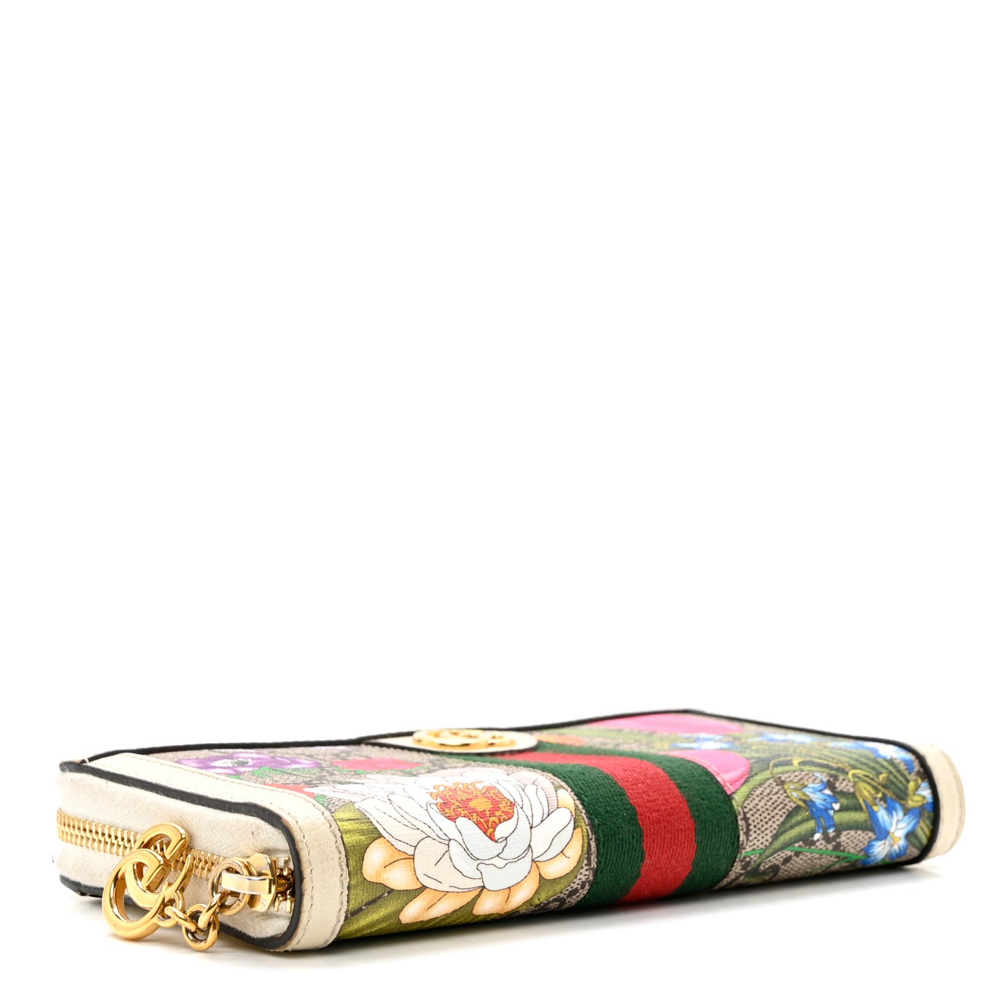 GG Supreme Monogram Flora Ophidia Zip Around Wallet White