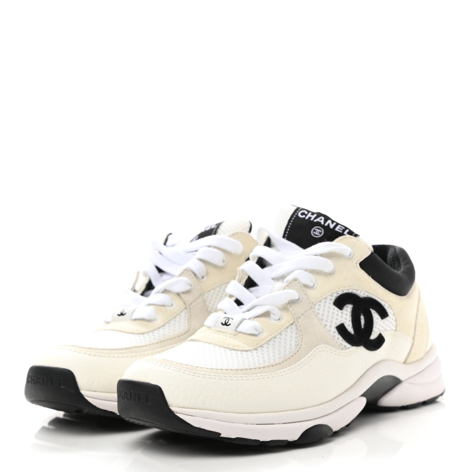 Chanel Mesh Suede Calfskin Grained Calfskin Womens CC Sneakers 37 White Black 3 of 9