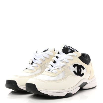 Chanel Mesh Suede Calfskin Grained Calfskin Womens CC Sneakers 37 White Black 3 of 9
