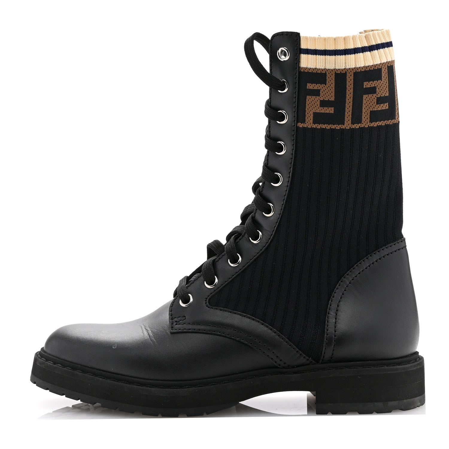 Fendi Calfskin Stretch Fabric Rockoko Biker Boots 38 Tobacco Black Marino 1 of 11
