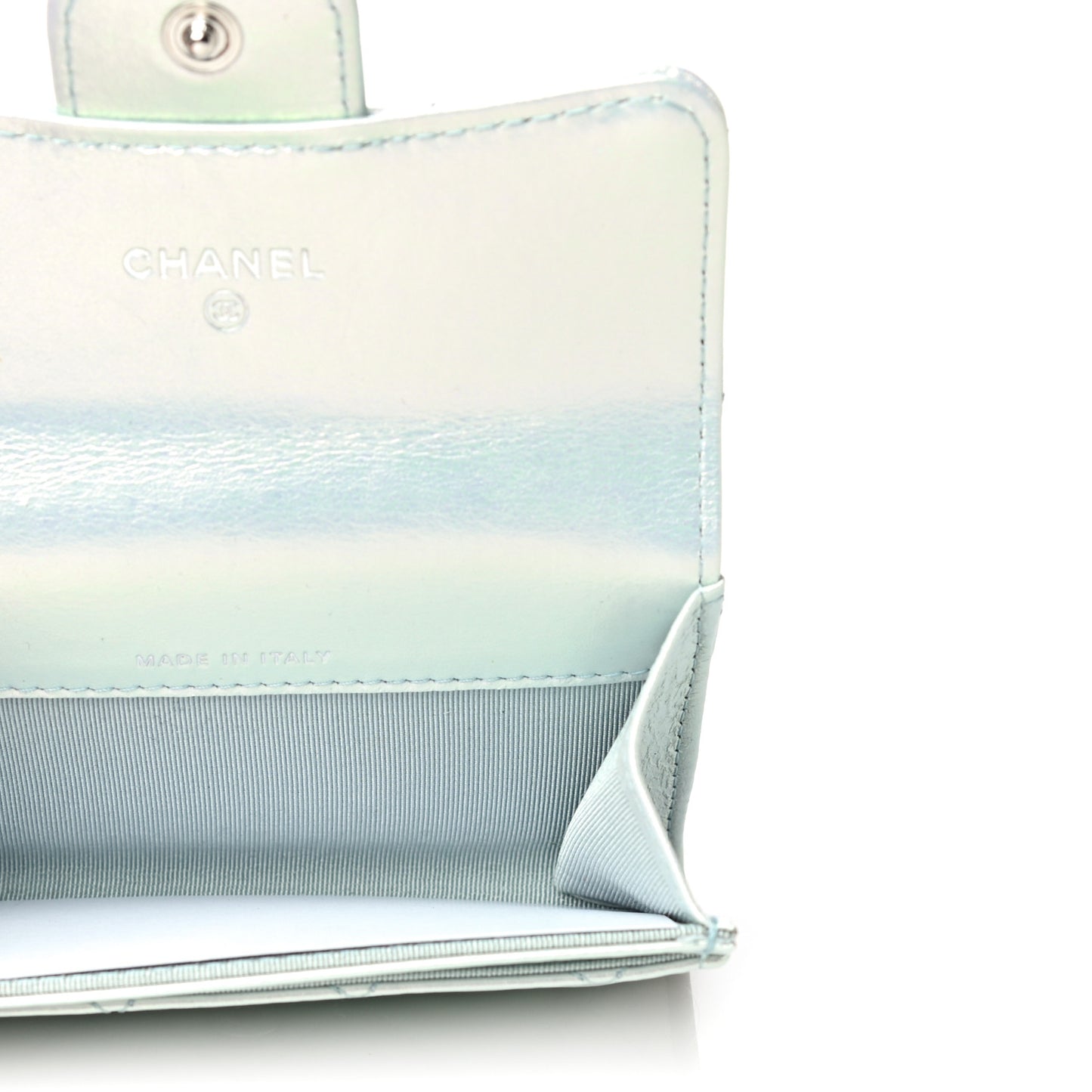 Iridescent Calfskin Quilted Flap Card Holder Light Blue