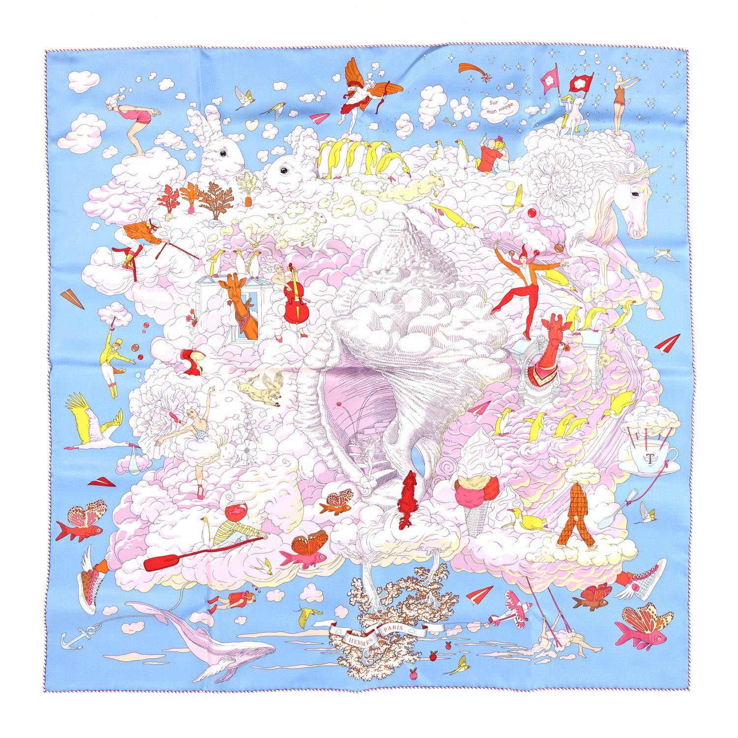Hermes Silk Sur Mon Nuage Scarf 90 Bleu Ciel Parme Jaune 1 of 5