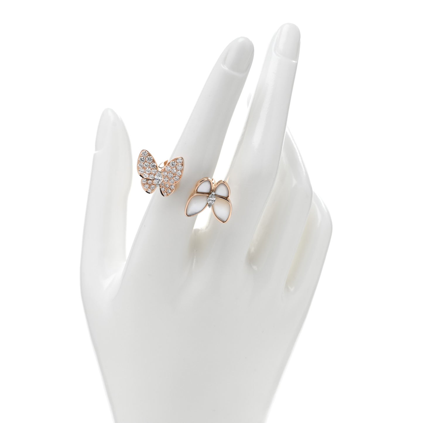 18K Rose Gold Diamond Mother of Pearl Two Butterfly Between The Finger Ring 54 6.75