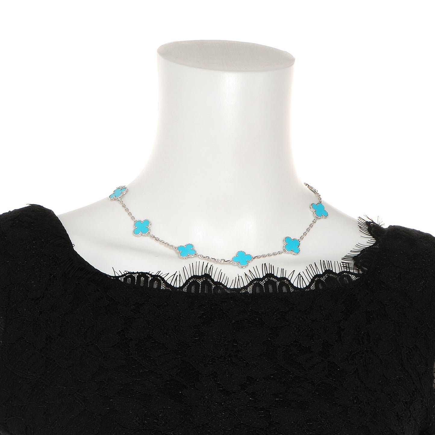 18K White Gold Turquoise 10 Motifs Vintage Alhambra Necklace