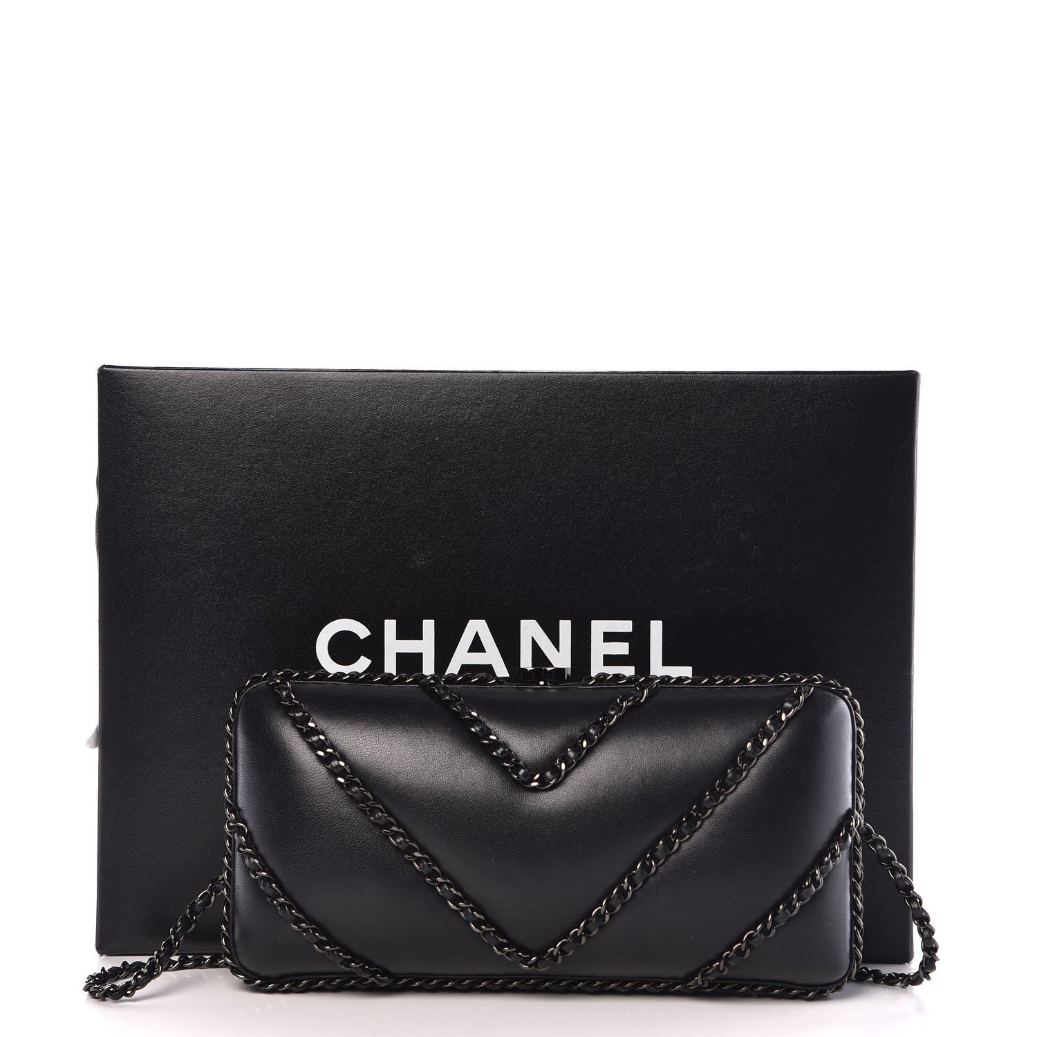 Chanel Lambskin Chevron Quilted Chain Around Clutch Black 9 of 9