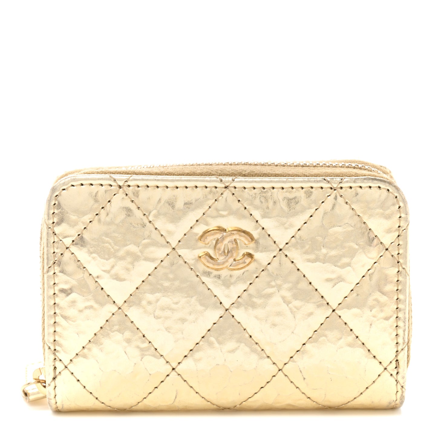 Hammered Metallic Calfskin Quilted Zip Coin Purse Gold