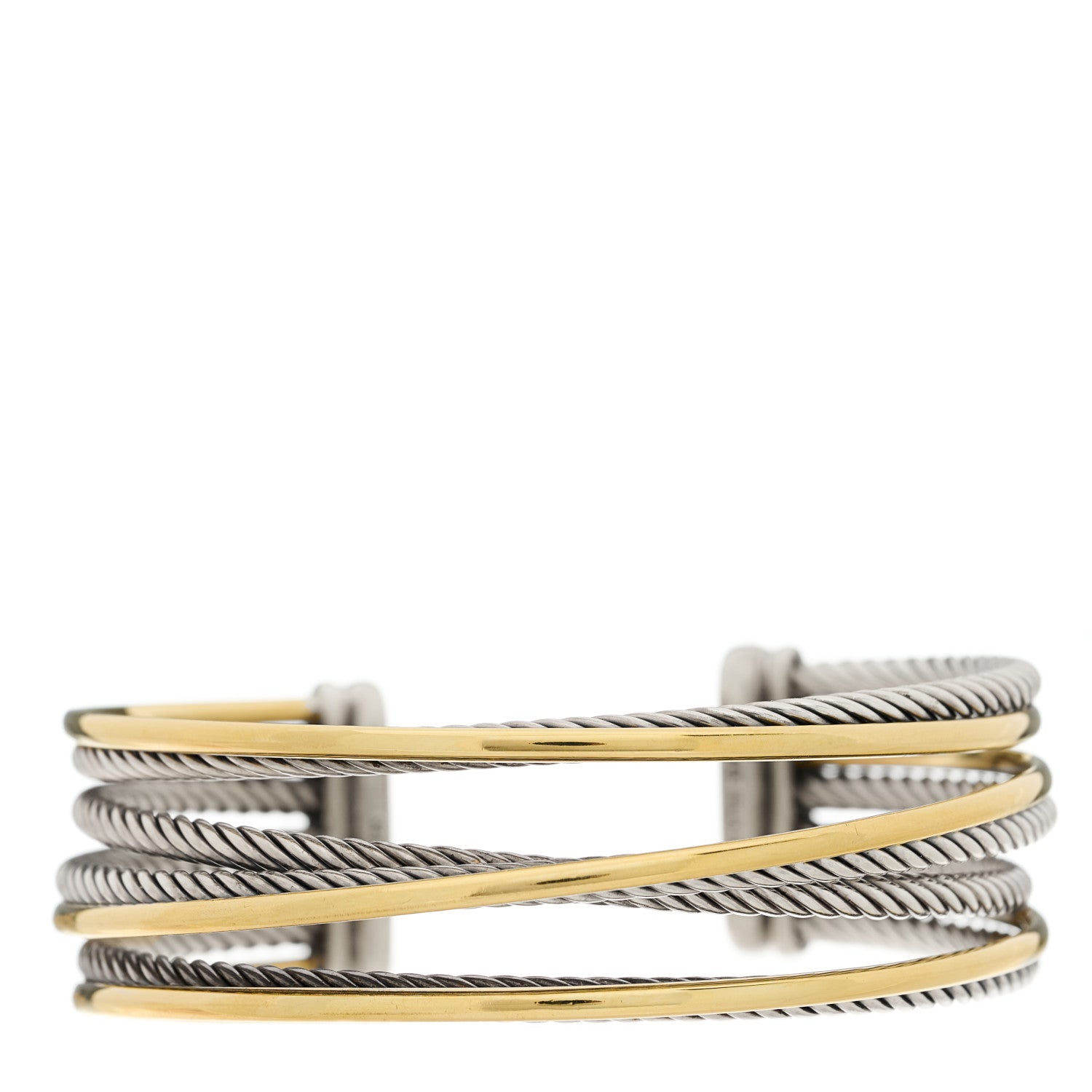 David Yurman Sterling Silver 18K Yellow Gold 21mm Four Row Crossover Cuff Bracelet 1 of 4