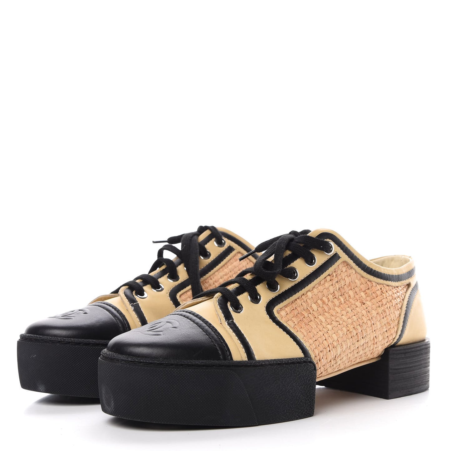 Straw Calfskin Lace Up Sneakers 41 Beige Black