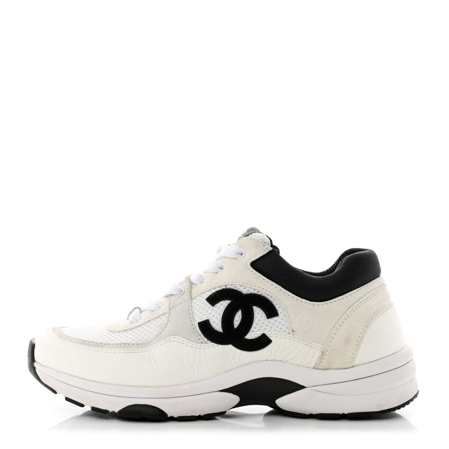Mesh Suede Calfskin Grained Calfskin Womens CC Sneakers 37.5 White Black
