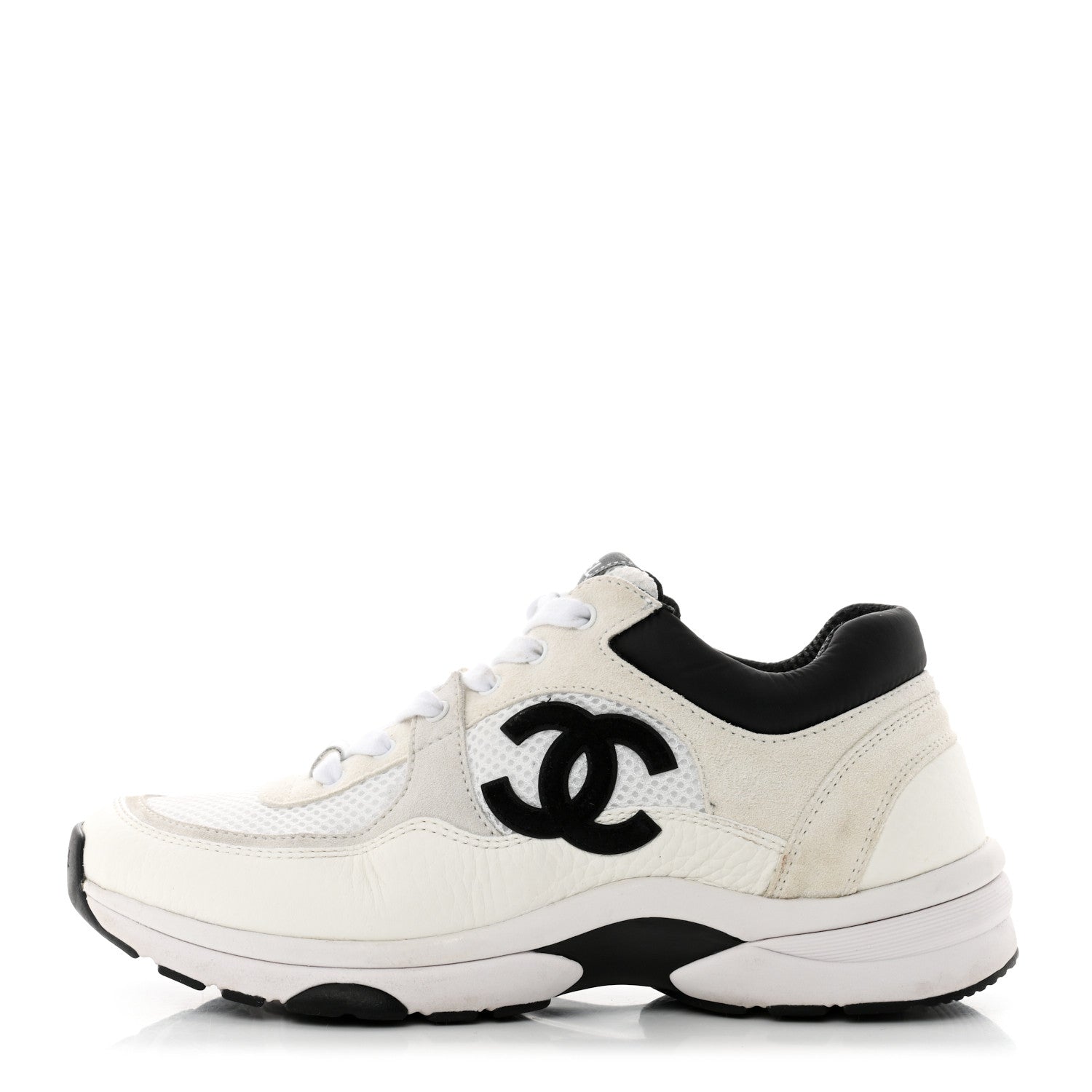 Chanel Mesh Suede Calfskin Grained Calfskin Womens CC Sneakers 37.5 White Black 1 of 8