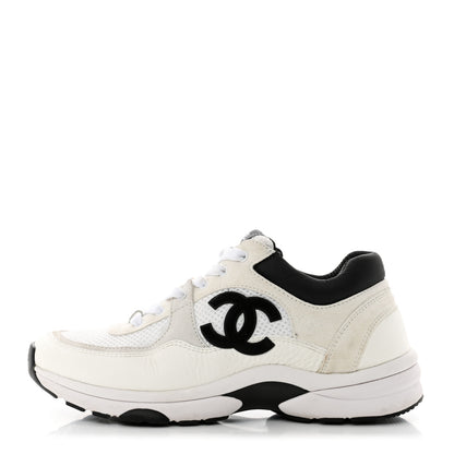 Chanel Mesh Suede Calfskin Grained Calfskin Womens CC Sneakers 37.5 White Black 1 of 8