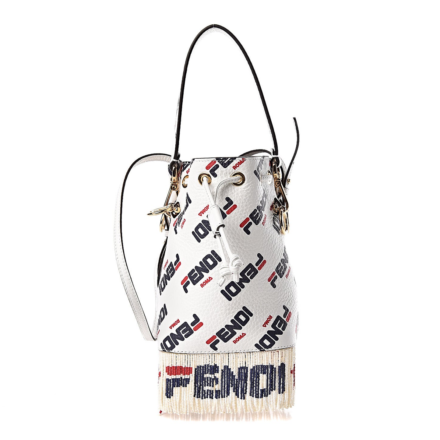 X FILA Calfskin F is Fendi Mania Fringe Mini Mon Tresor Bucket Bag White