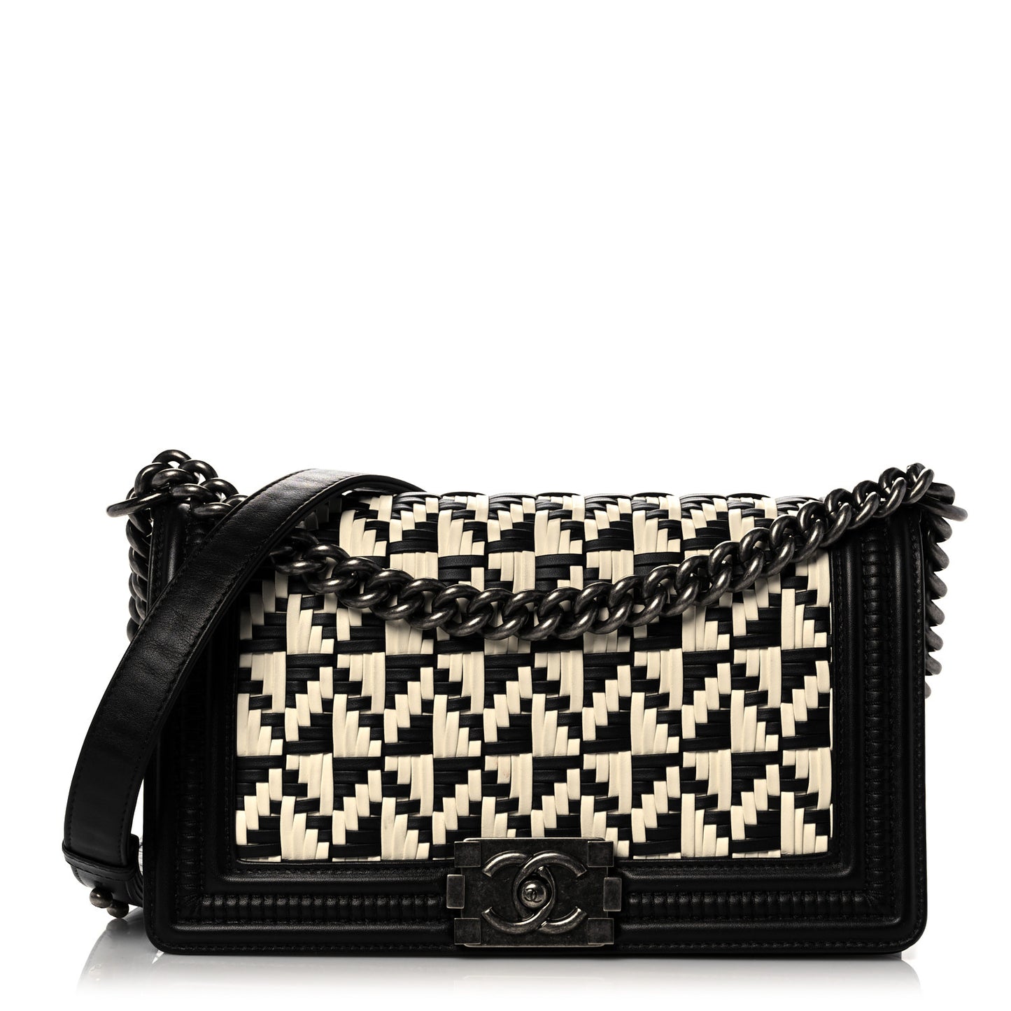 Calfskin Woven Medium Boy Flap Black White