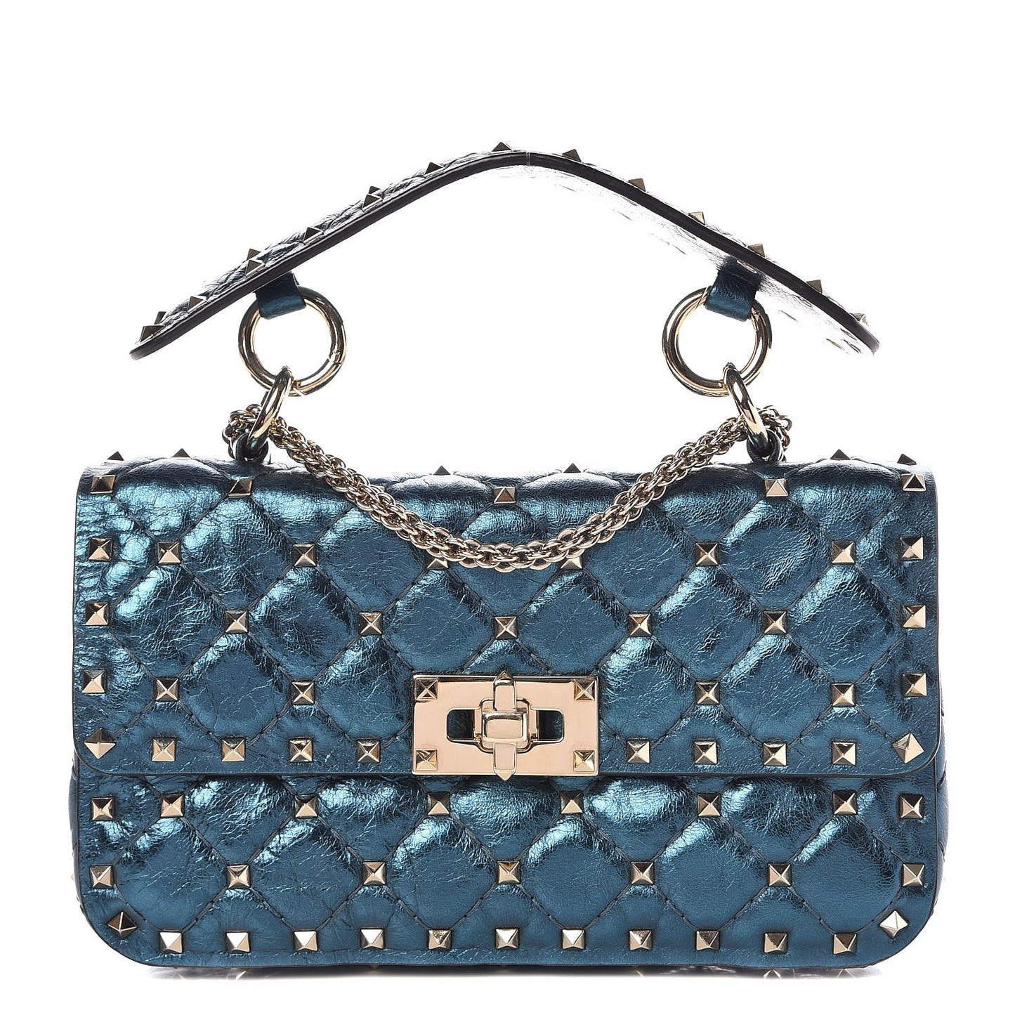 Metallic Wrinkled Lambskin Small Rockstud Spike Shoulder Bag Peacock