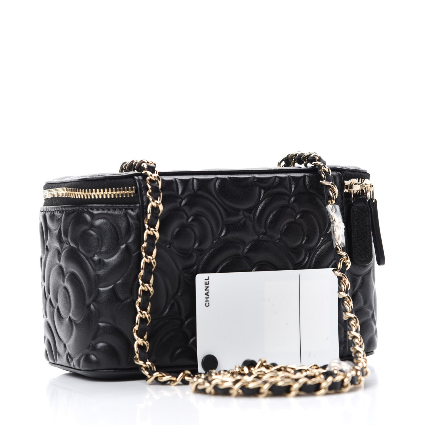 Lambskin Camellia Embossed Small Vanity Case With Chain Black