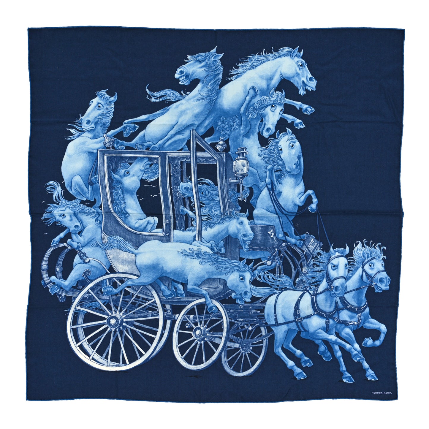 Cashmere Silk Grand Carrosse Royal Scarf 100 Marine Bleu White