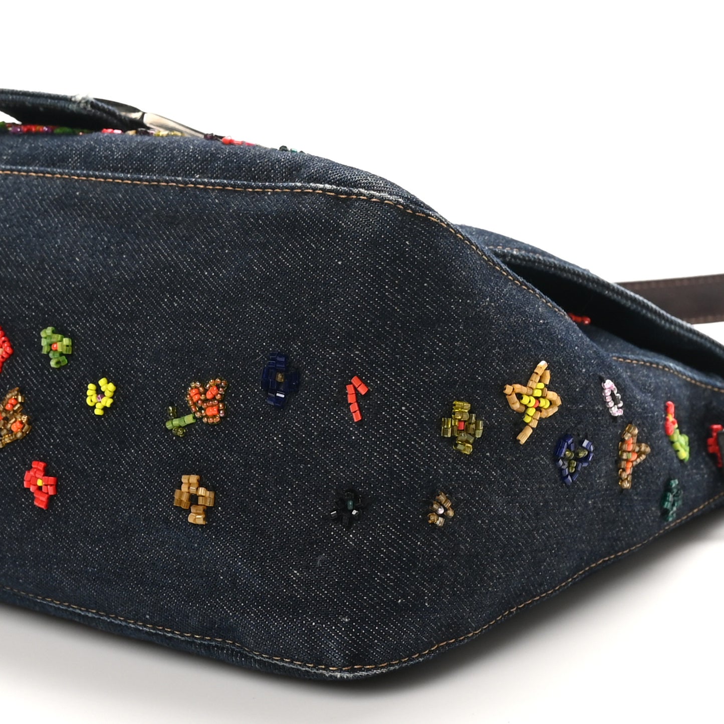Denim Ricami Beaded Mama Baguette Blue