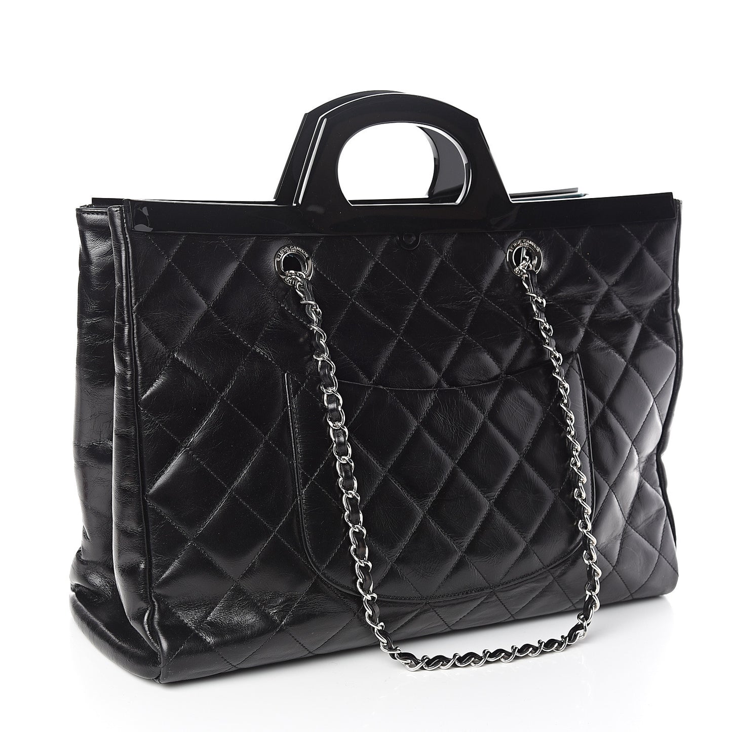 Glazed Calfskin Quilted Large CC Delivery Tote Black