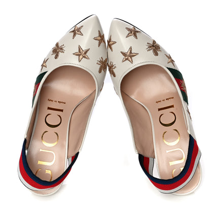 Gucci Malaga Kid Web Bee Star Embroidered Sylvie High Heel Slingback Pumps 35 White 7 of 14