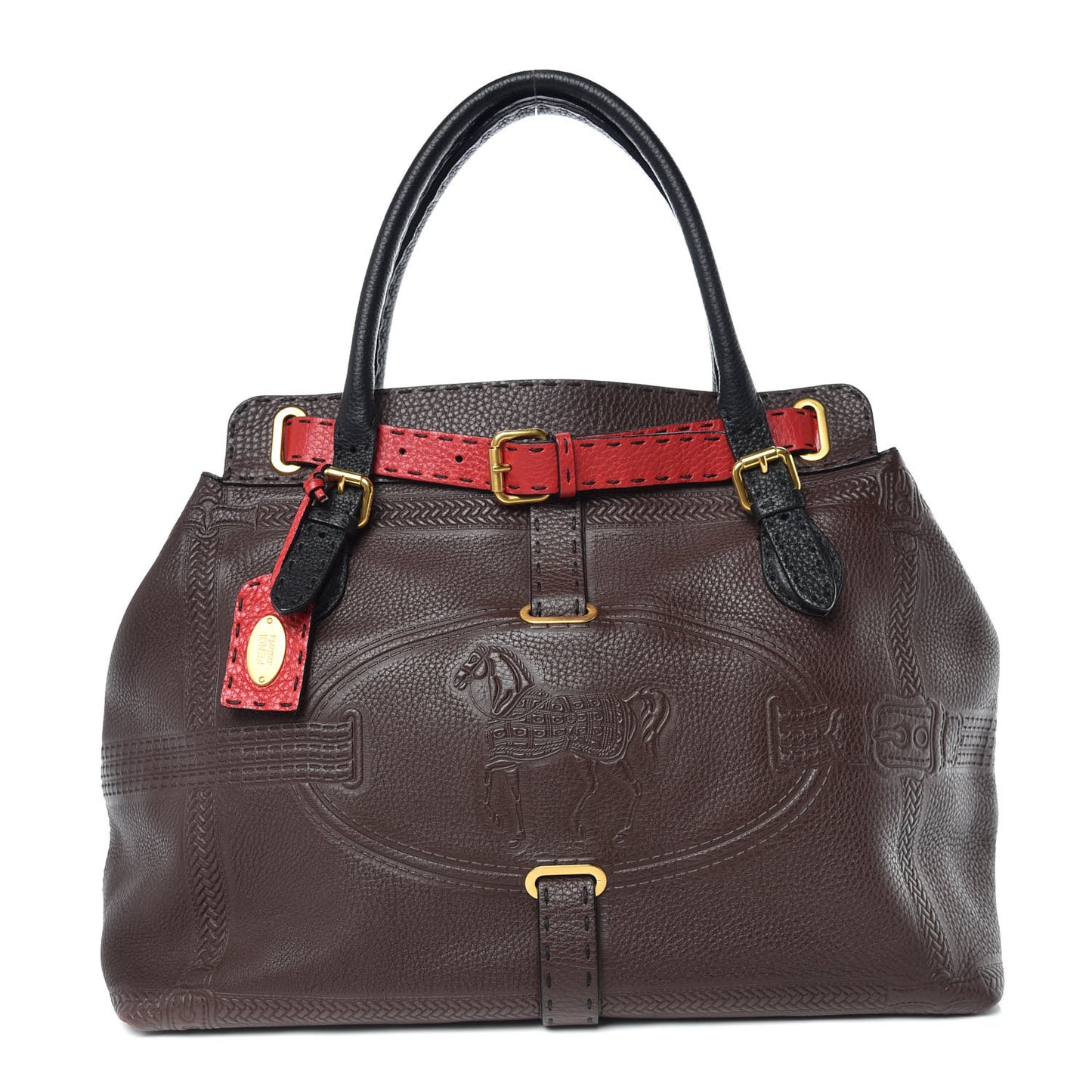 Calfskin Romano Selleria Large Villa Borghese Tote Marrone Black Fuoco