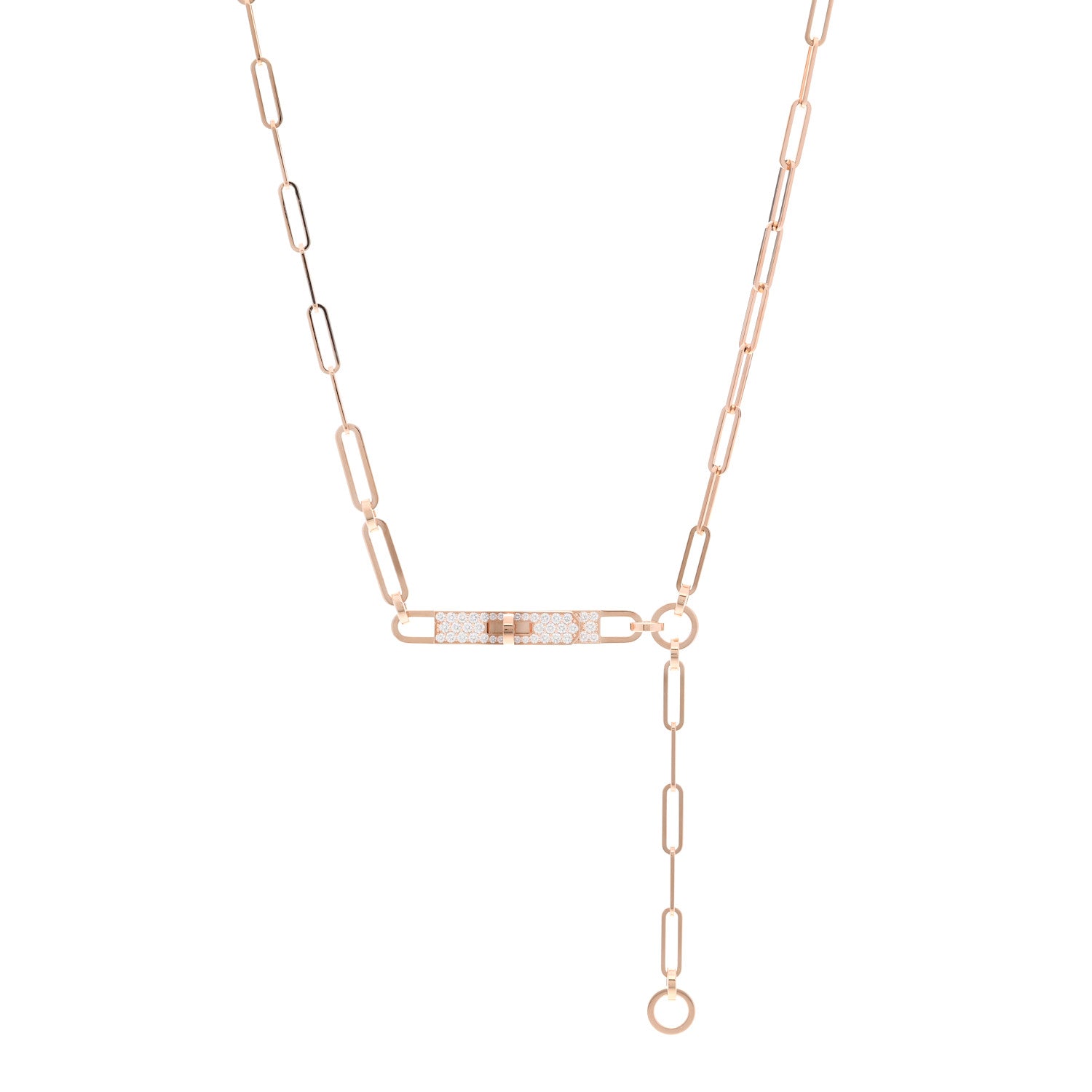 Hermes 18K Rose Gold Diamond Pave PM Kelly Chaine Lariat Necklace ST 1 of 5