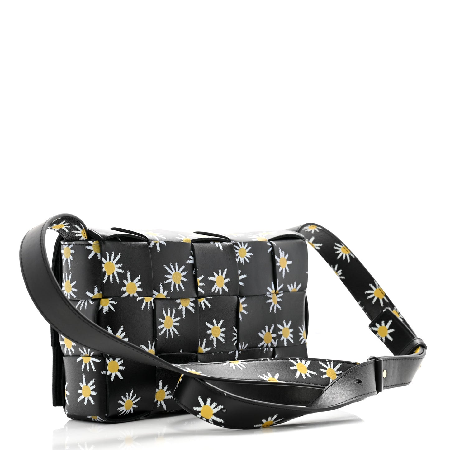 Calfskin Maxi Intreccio Daisy Print Small Cassette Crossbody Bag Black White Yellow