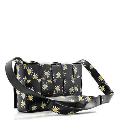 Bottega Veneta Calfskin Maxi Intreccio Daisy Print Small Cassette Crossbody Bag Black White Yellow 3 of 12