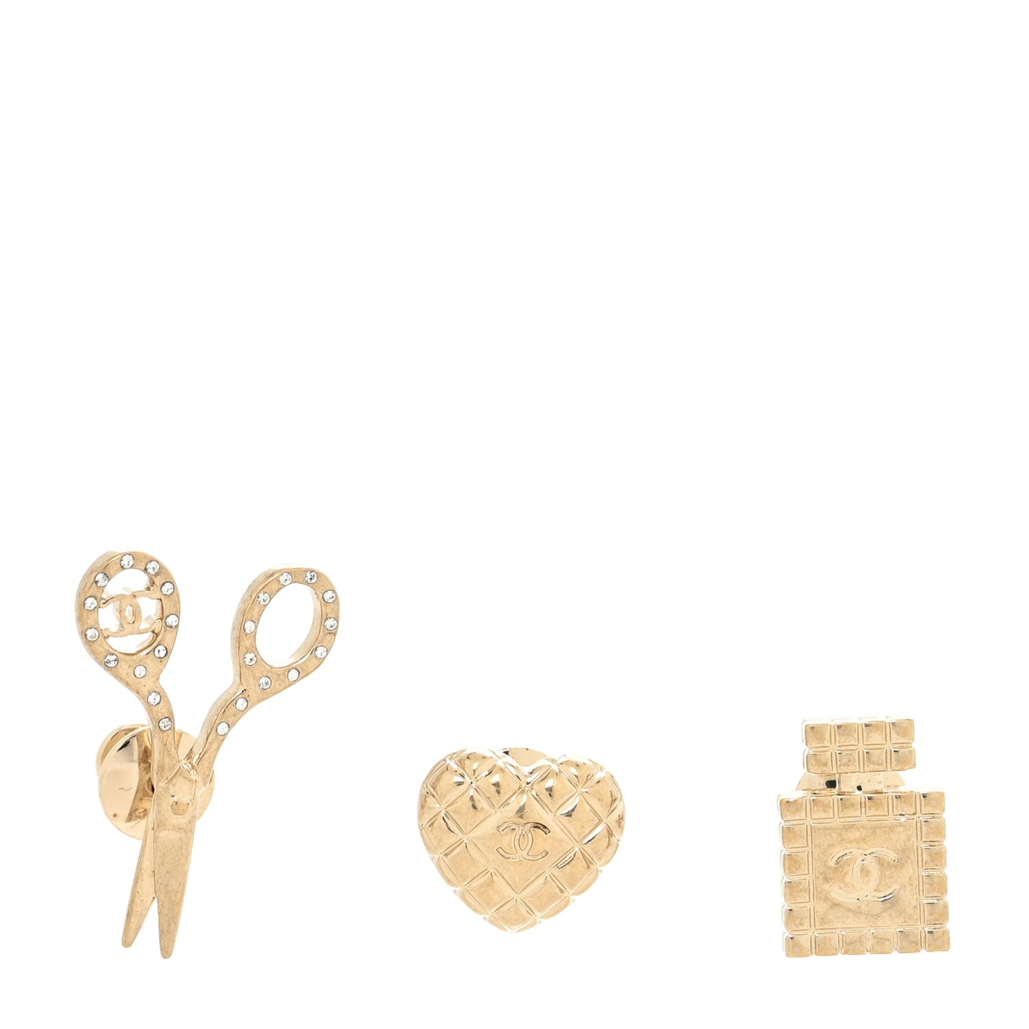 Metal Strass Crystal Quilted CC Heart Scissors Perfume Brooch Set Gold