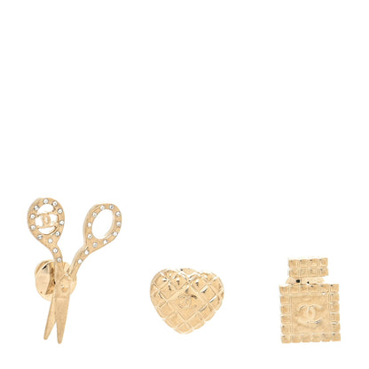 Chanel Metal Strass Crystal Quilted CC Heart Scissors Perfume Brooch Set Gold 1 of 3