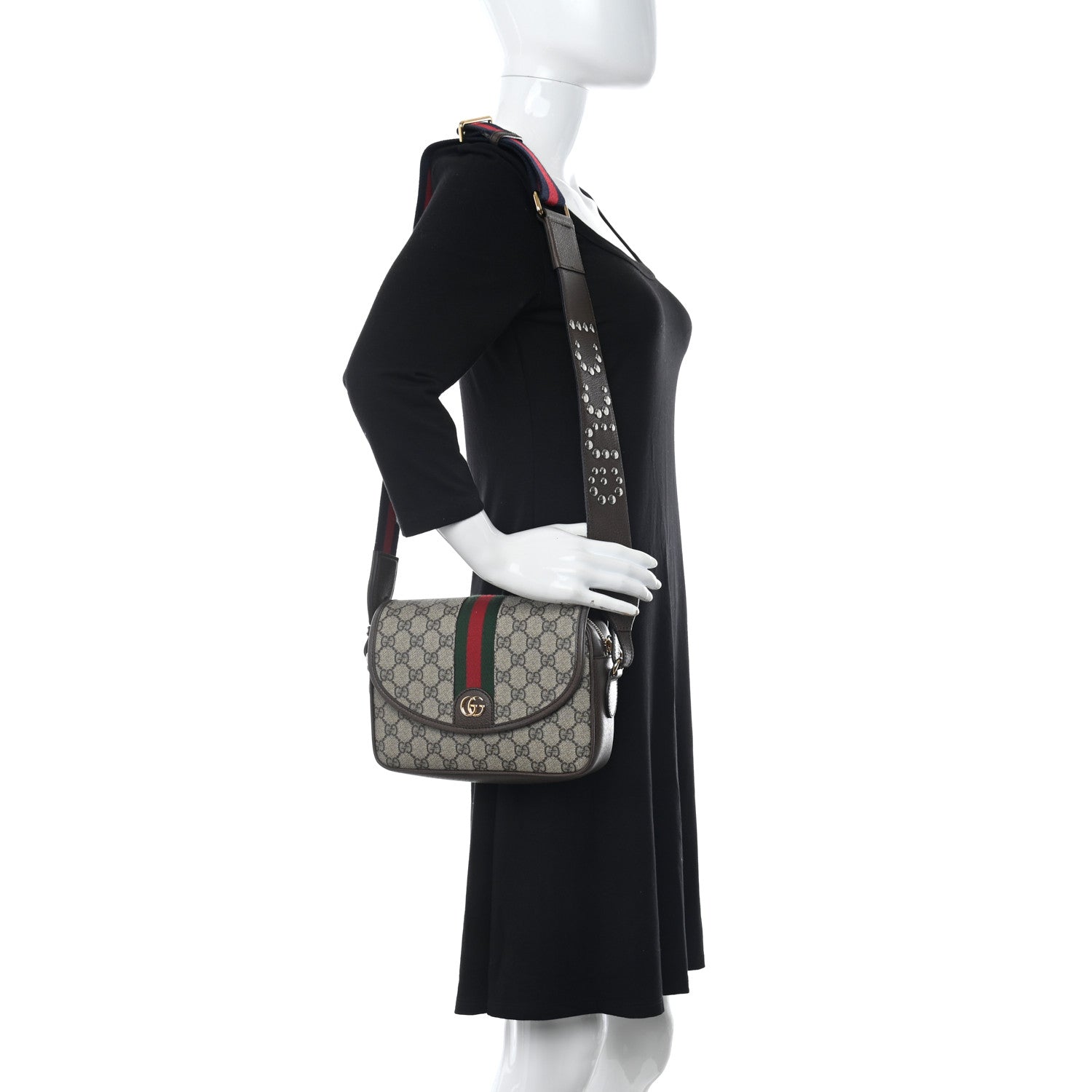 Gucci GG Supreme Monogram Textured Dollar Calfskin Web Studded Mini Ophidia Flap Shoulder Bag Beige Ebony New Acero 2 of 11