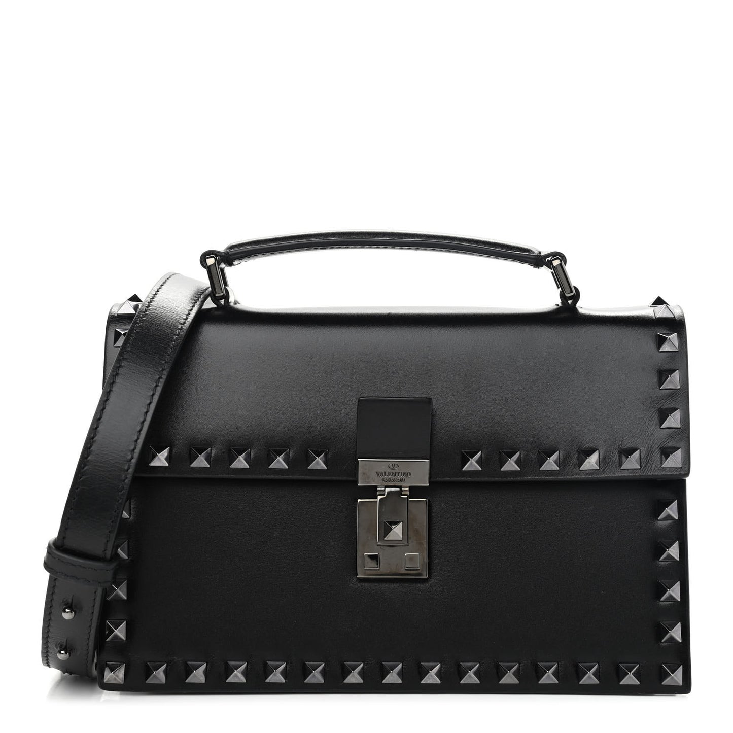 Calfskin Rockstud Flap Top Handle Crossbody Bag Black