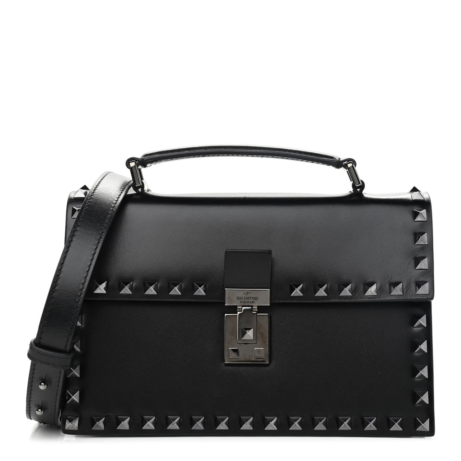 Valentino Garavani Calfskin Rockstud Flap Top Handle Crossbody Bag Black 1 of 8