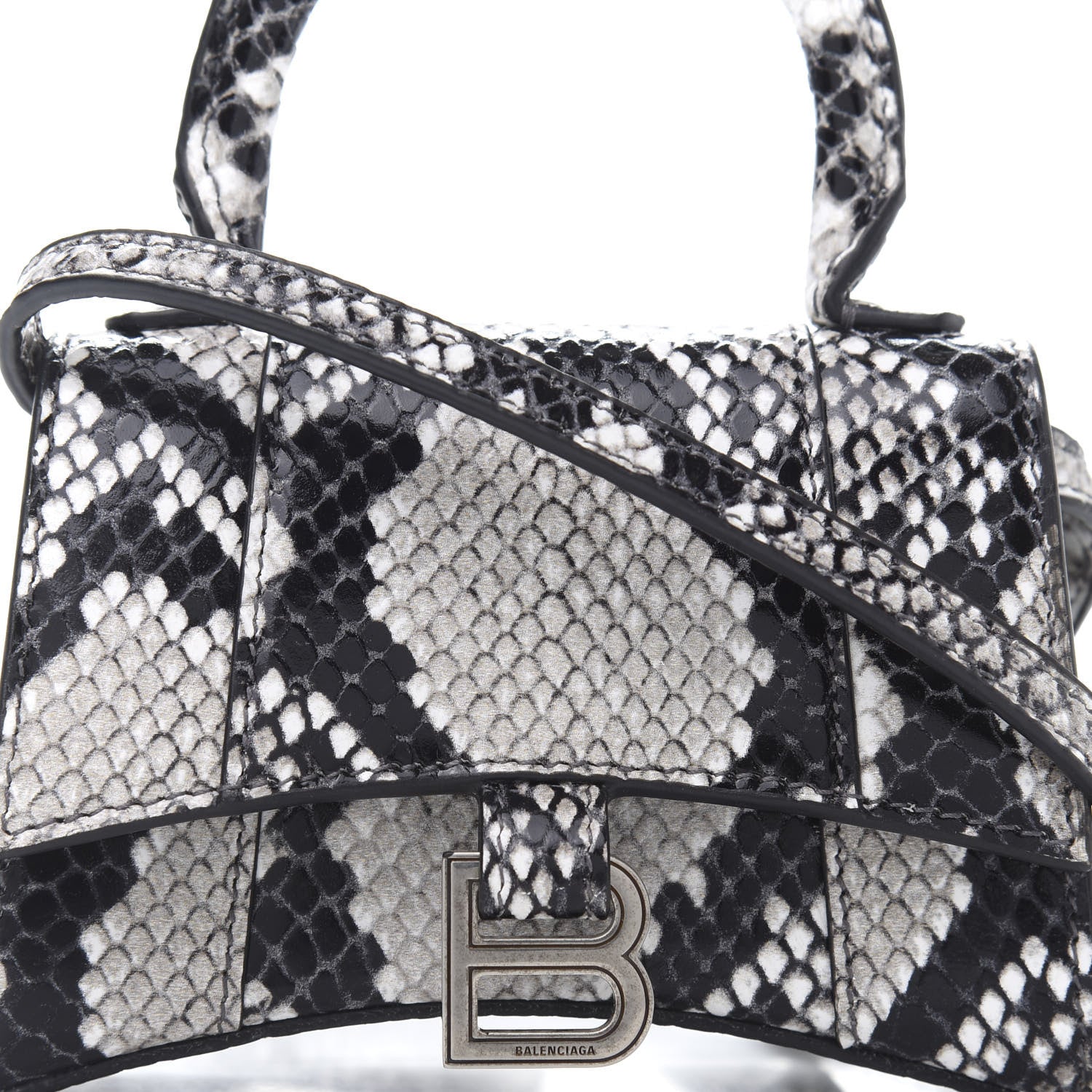 Balenciaga Shiny Calfskin Python Effect Hourglass Top Handle Bag Mini Black White 10 of 10