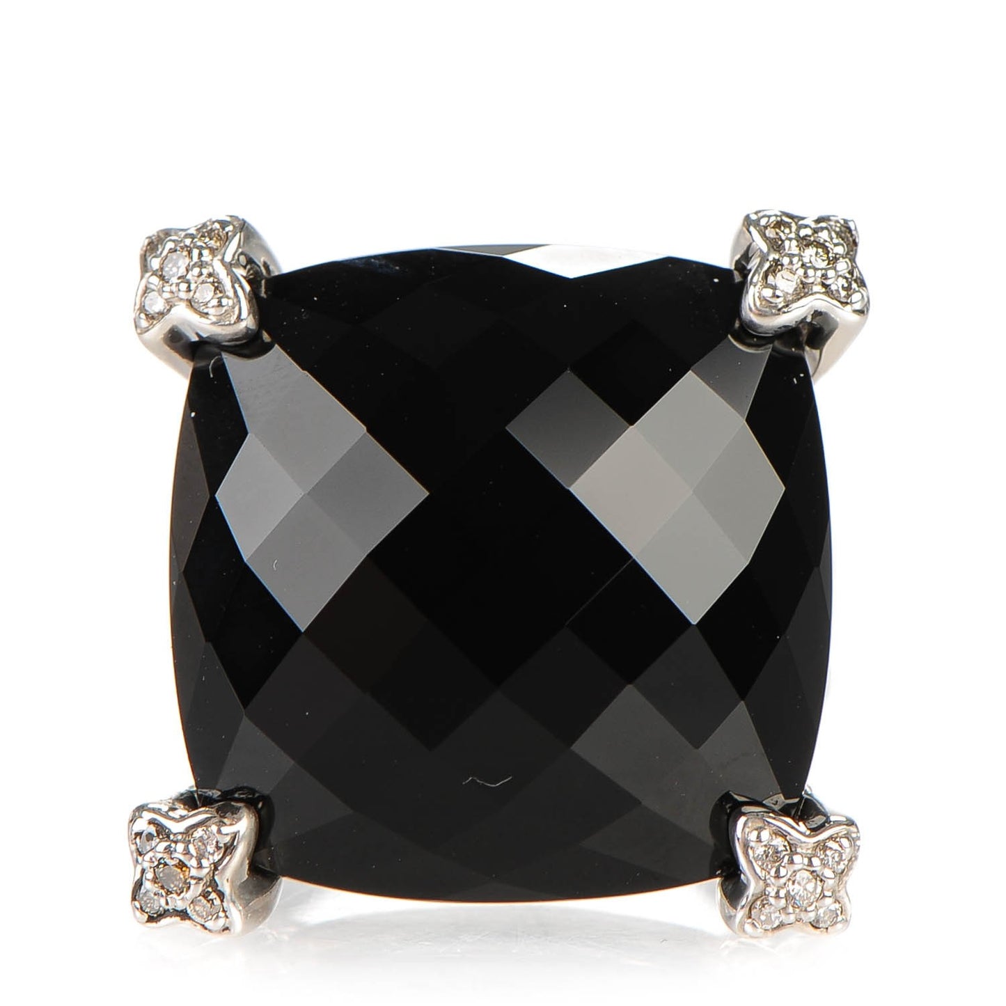 Sterling Silver Black Onyx Pave Diamond 20mm Cushion On Point Ring 51.5 6