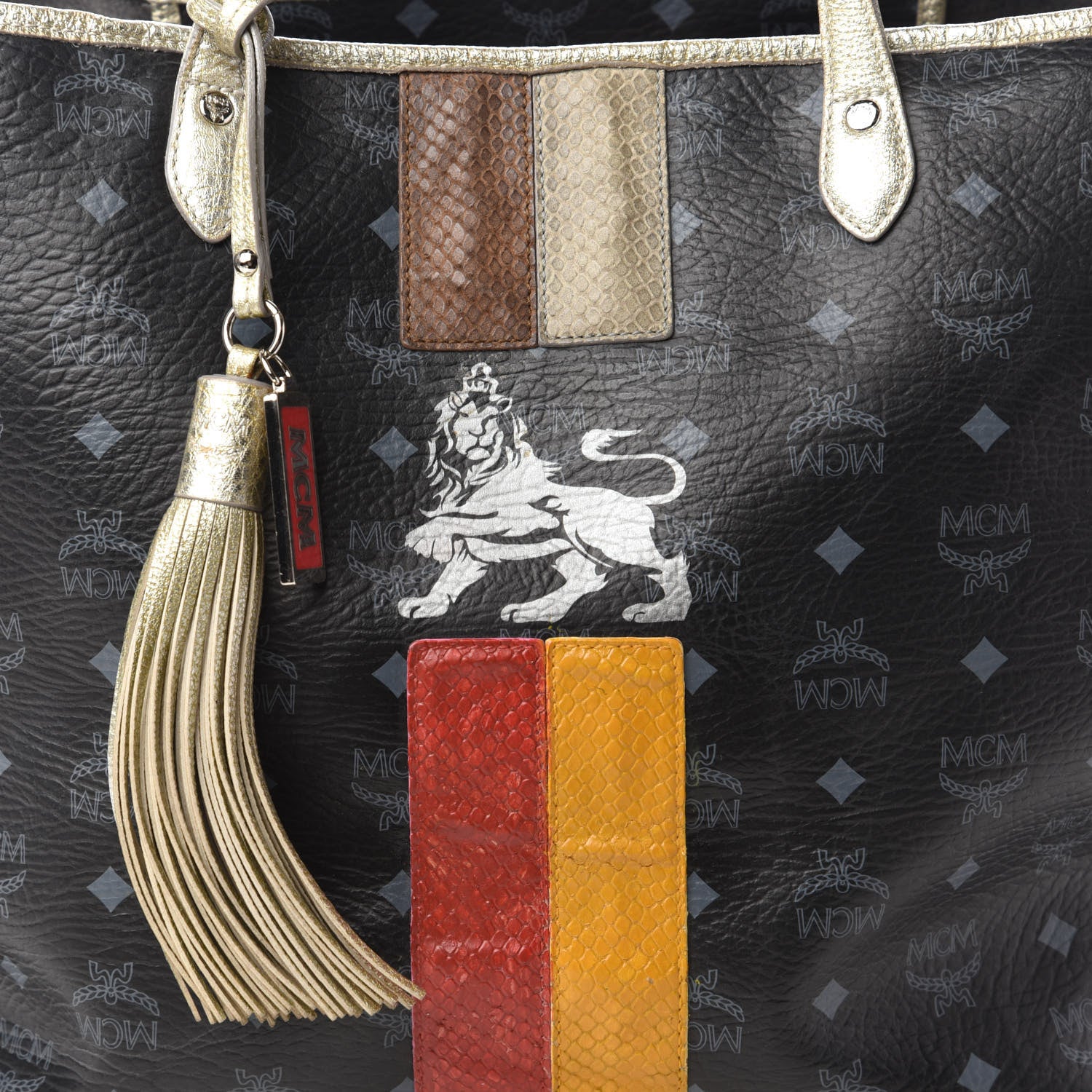 MCM Visetos Striped Munich Lion Tote Black 9 of 10