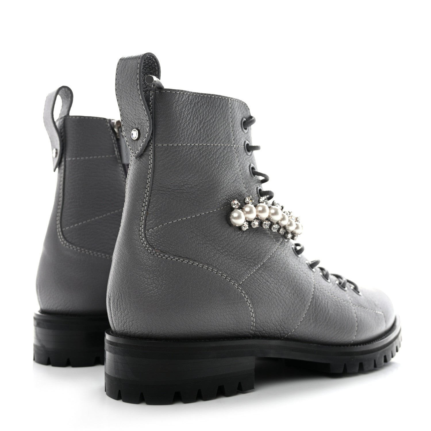 Jimmy Choo Grained Calfskin Crystal Embellished Cruz Combat Boots 37 Grey 4 of 7