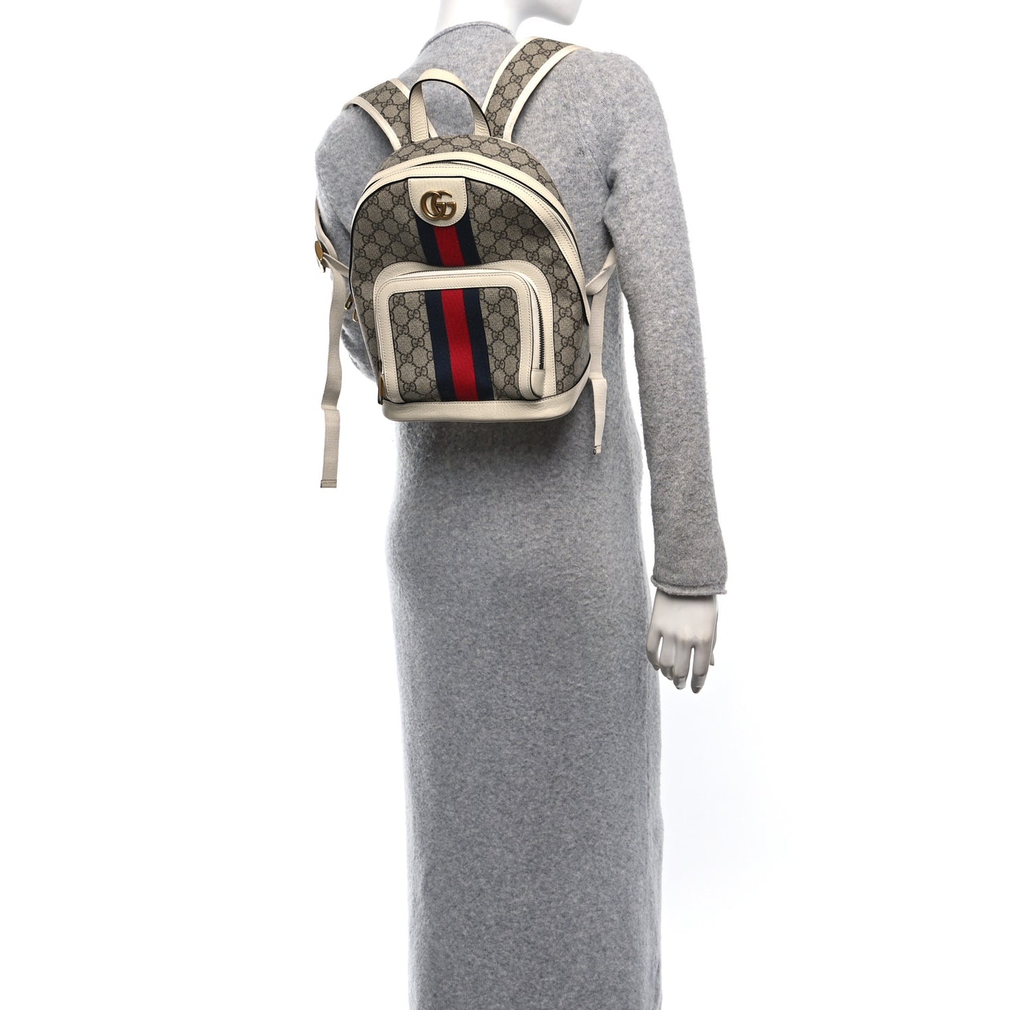 GG Supreme Monogram Textured Calfskin Web Small Ophidia Day Backpack Beige Ebony Mystic White