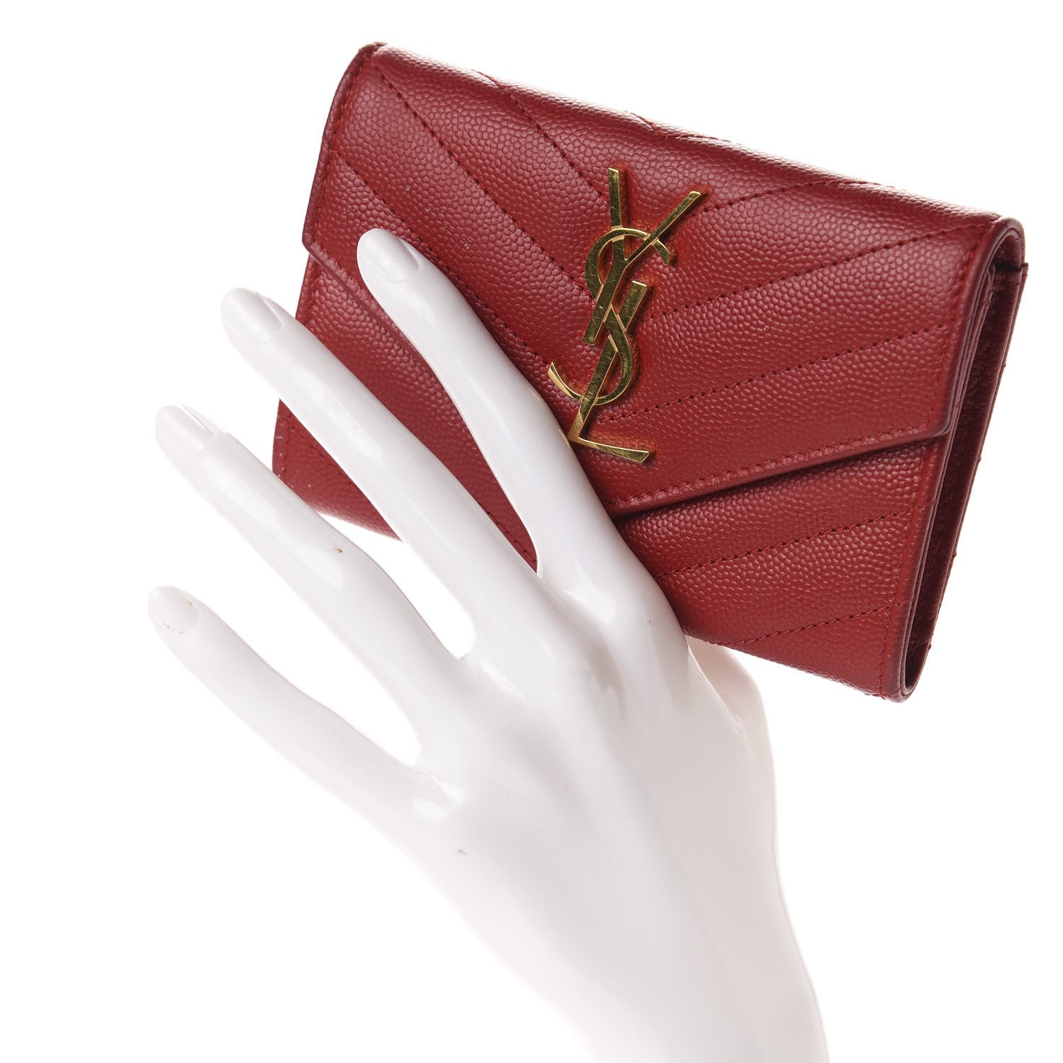 Saint Laurent Grain De Poudre Matelasse Chevron Small Monogram Envelope Wallet New Red 2 of 11