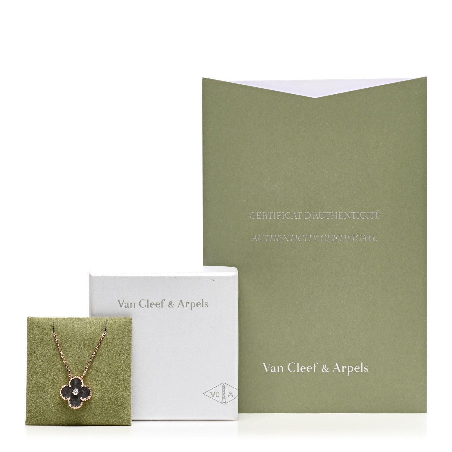 Van Cleef & Arpels 18K Rose Gold Diamond Silver Obsidian Vintage Alhambra Pendant Necklace 5 of 5