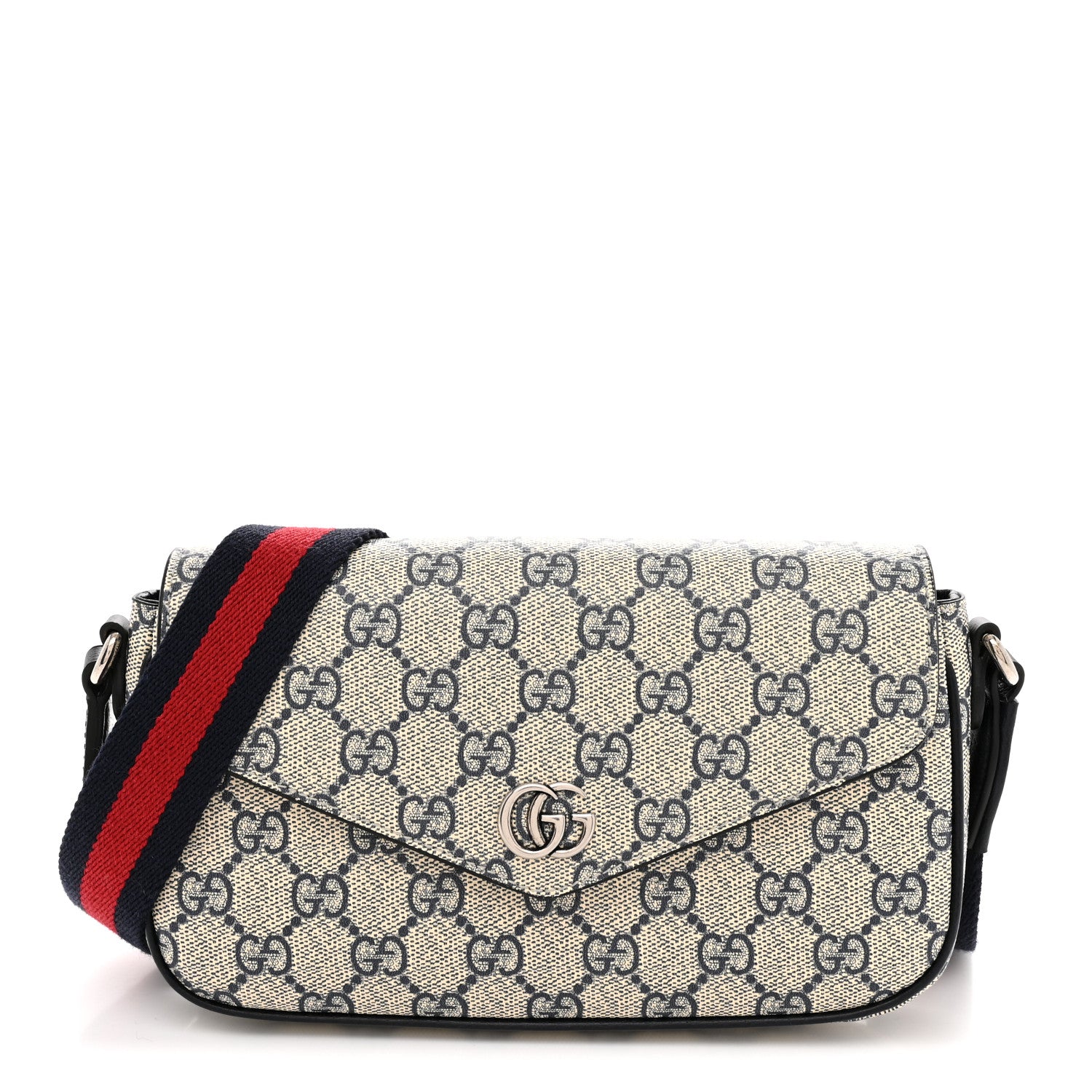 Gucci GG Supreme Monogram Textured Dollar Calfskin Web Mini Ophidia Envelope Shoulder Bag Beige Blue 1 of 12