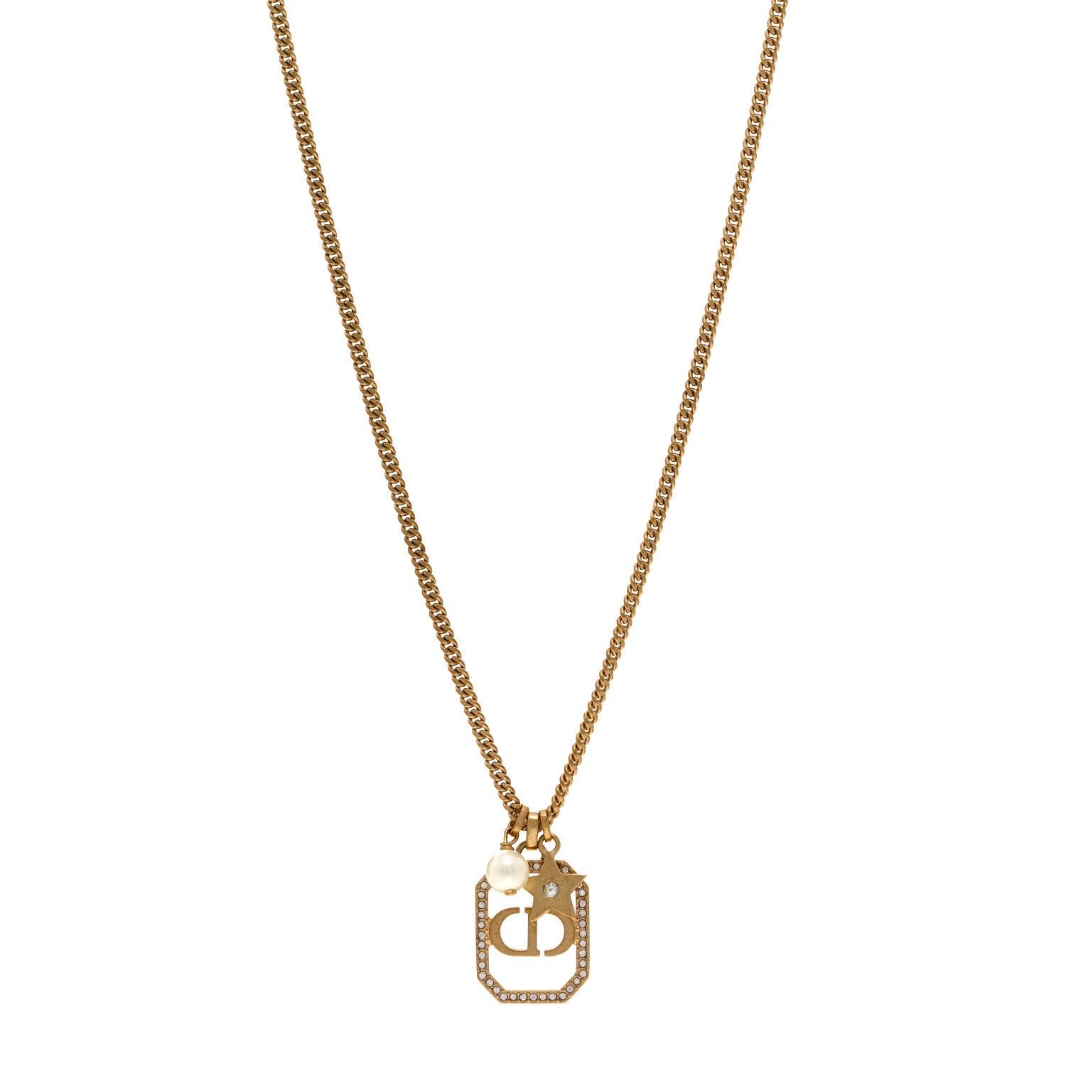 Christian Dior Crystal Pearl CD Star Necklace Gold 1 of 6