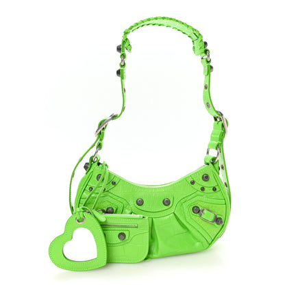 Balenciaga Extra Supple Calfskin Crocodile Embossed Le Cagole Shoulder Bag XS Acid Green 3 of 11