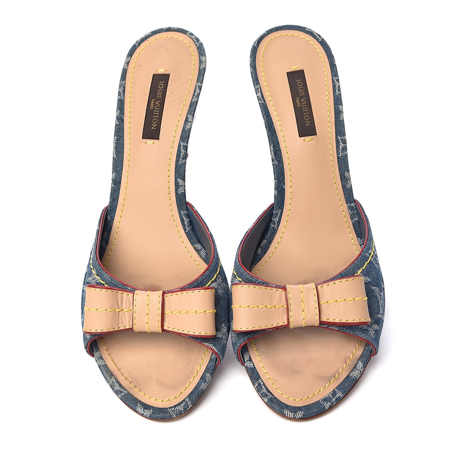 Denim Monogram Bow Mules Peep Toe Heels 38