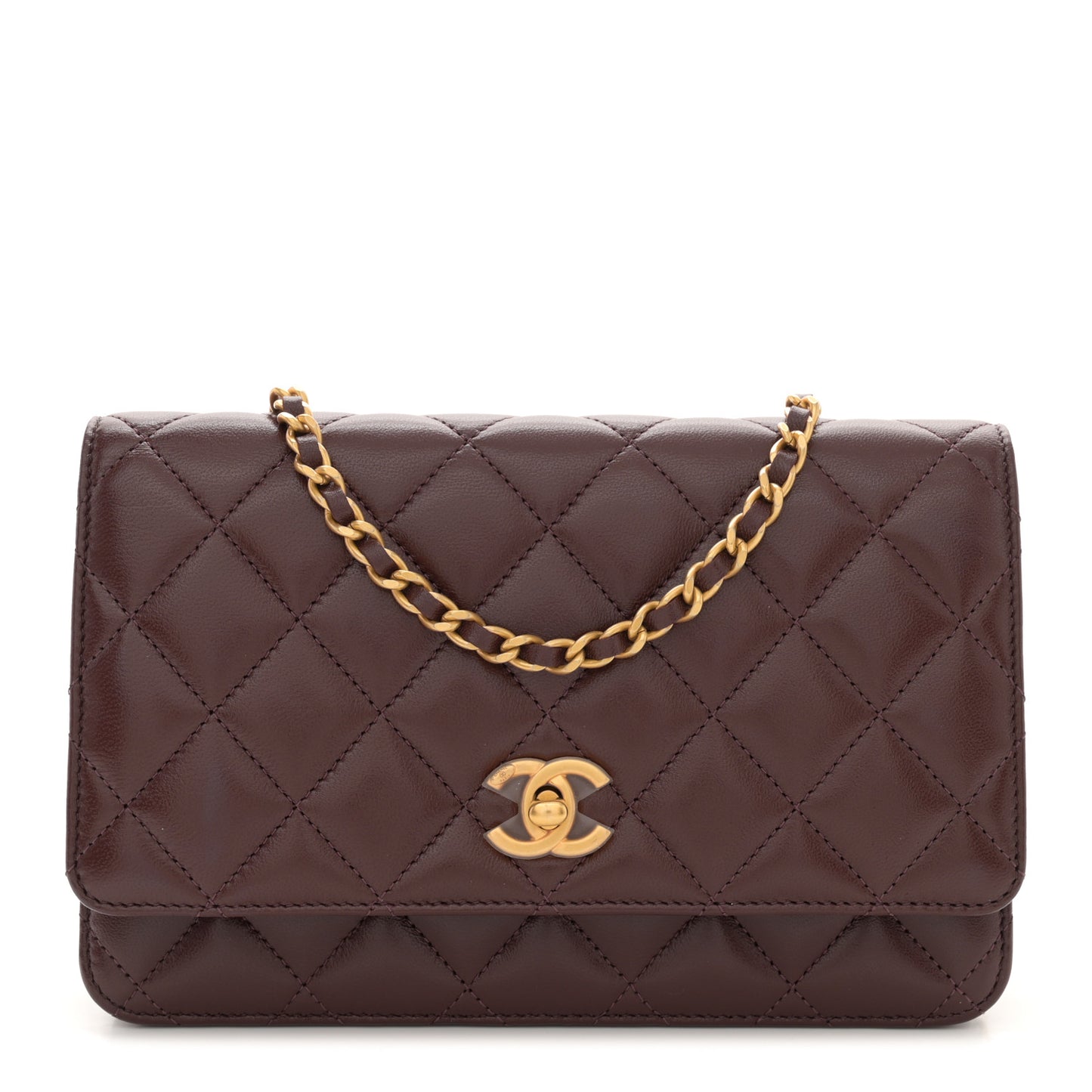 Lambskin Quilted CC Pearl Crush Wallet on Chain WOC Dark Brown