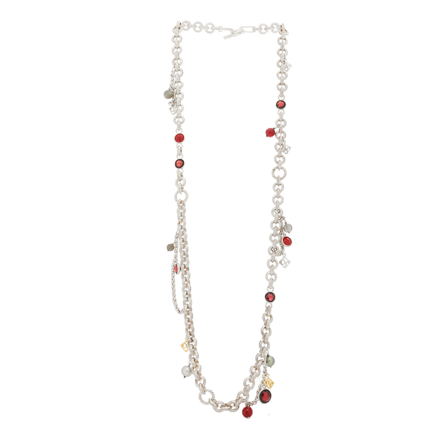 David Yurman Sterling Silver 18K Yellow Gold Carnelian Garnet Cultured Pearl Labradorite Old World Charm Necklace 3 of 4