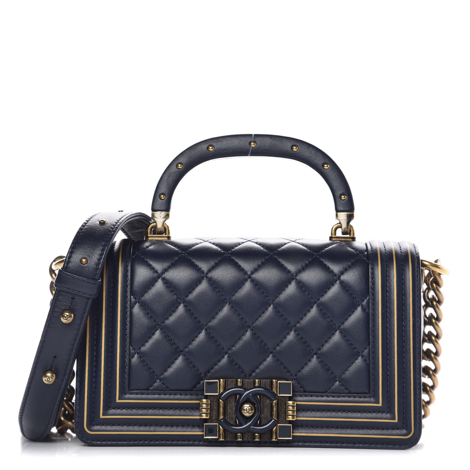 Chanel Lambskin Quilted Small Boy Studded Handle Flap Blue Gold 1 of 9