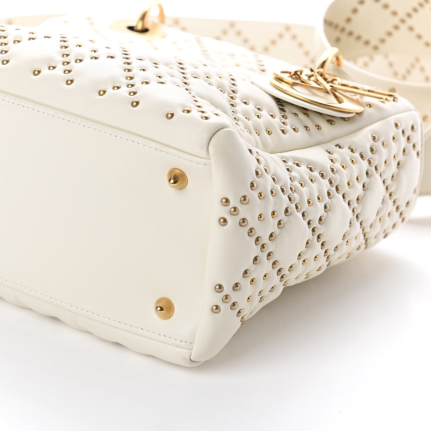 Calfskin Cannage Studded Medium Supple Lady Dior White