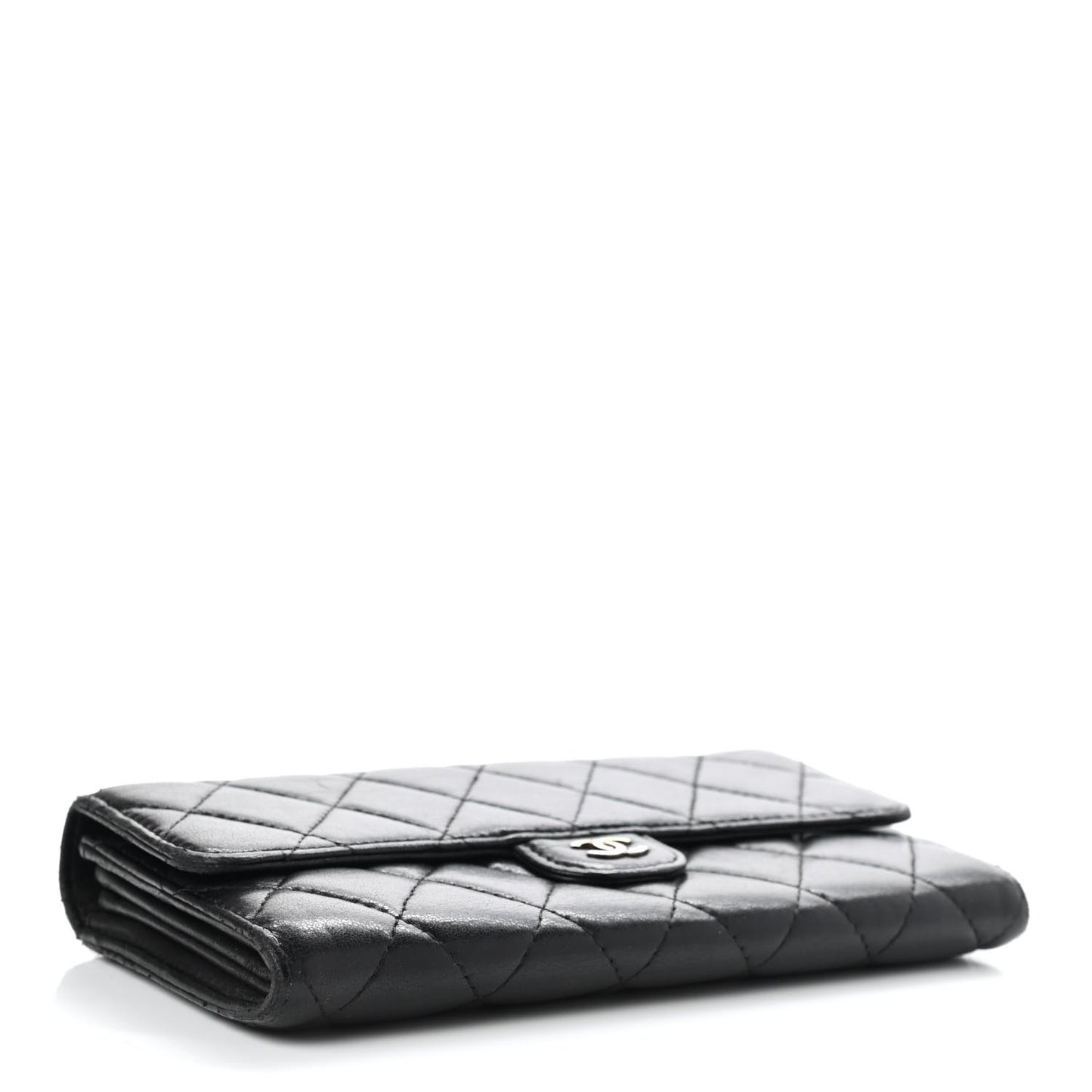 Lambskin Quilted Large Gusset Flap Wallet Black